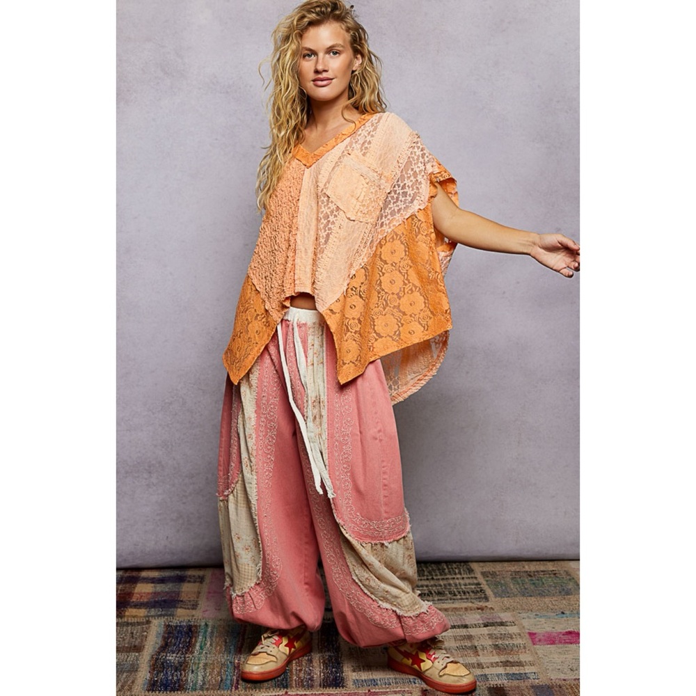 POL Orange Lace Patchwork Knit Top | Oversized V Neck Short Sleeve - Picture 2 of 7